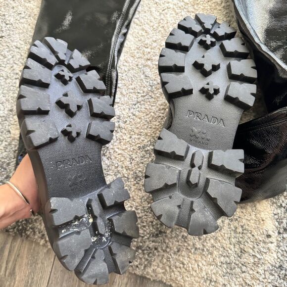 PRADA MONOLITH PATENT LEATHER BOOTS - Picture 4 of 5